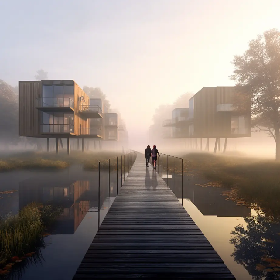 Houses on stilts along a boardwalk in morning mist