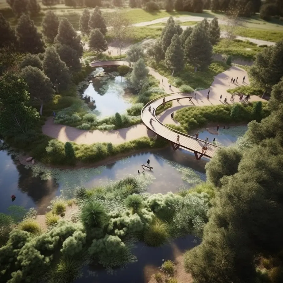 Aerial render of a biological park with water channels and walkways